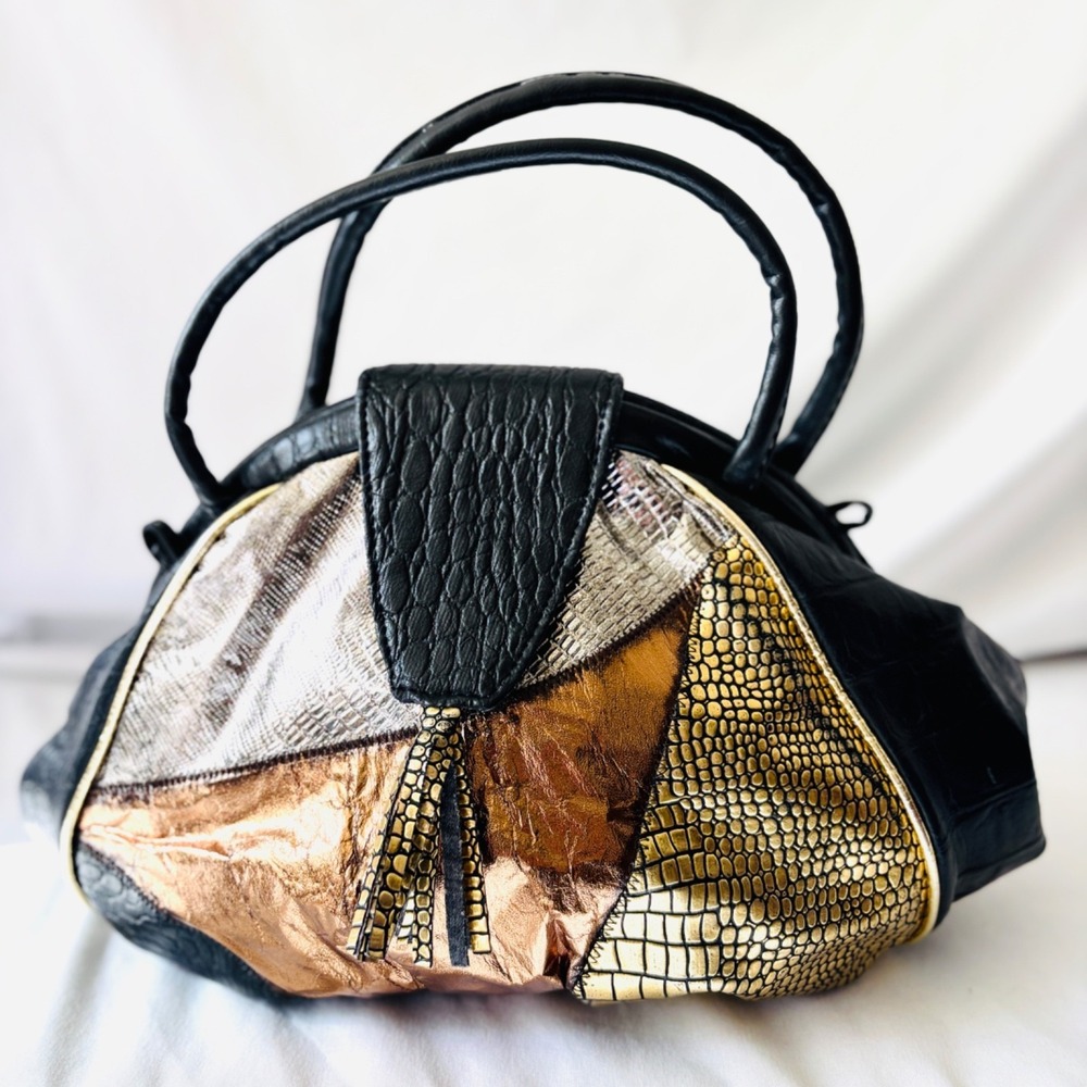 VTG 80s Metallic Gold Large Snakeskin Tassel Crossbody Disco Glam Boho Retro Bag